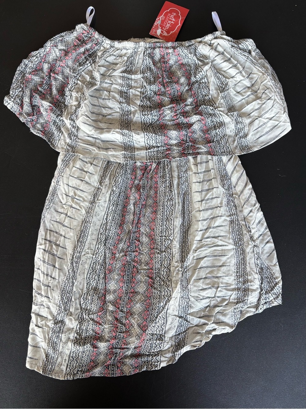 Honey Punch Cream Off-Shoulder Tunic with Pink and Gray Print